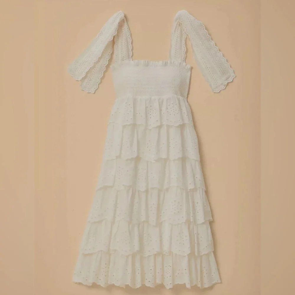 Farm Rio Embroidered Ruffle Tie Midi Dress - Picture 2 of 4
